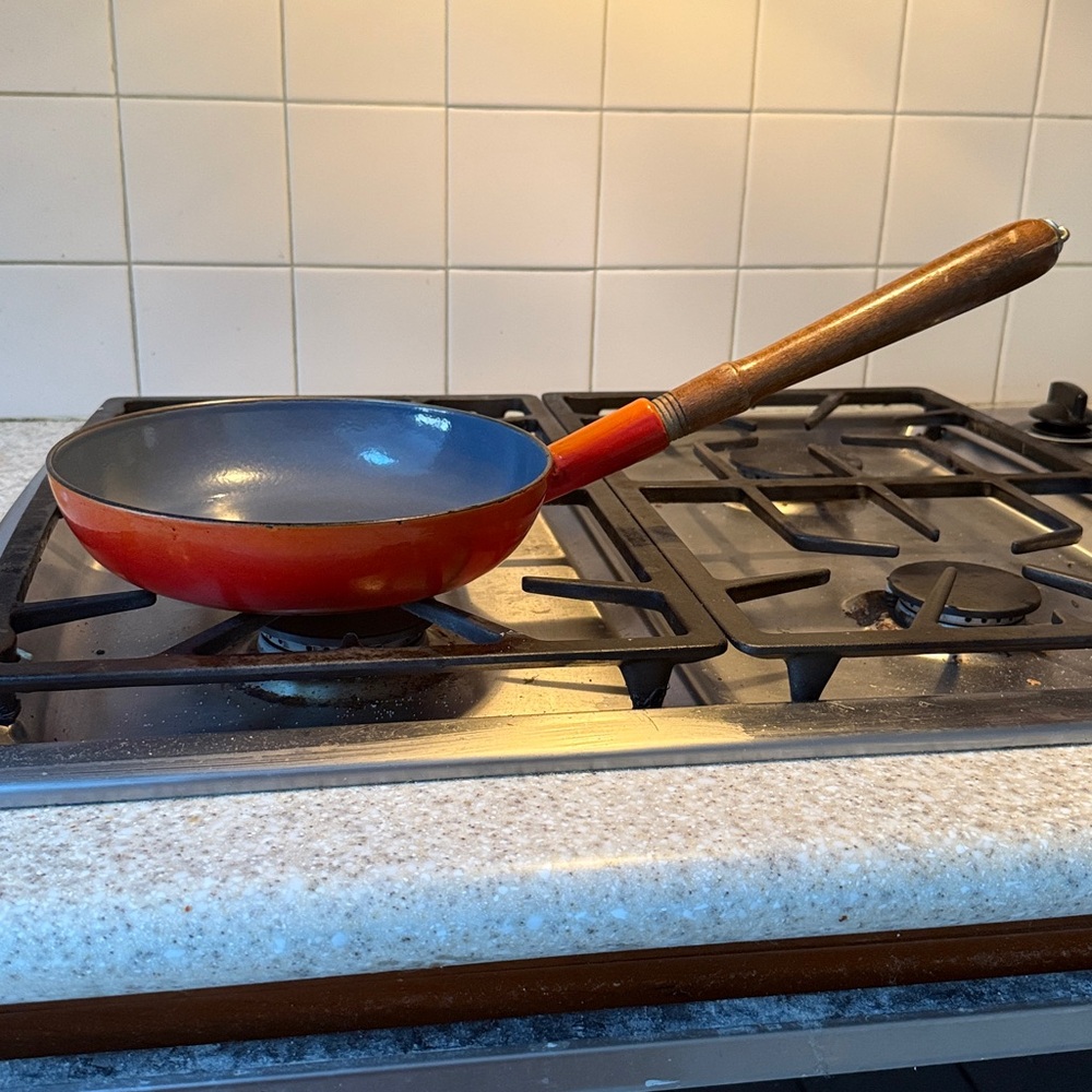 Vintage Descoware Cast Iron Enamel Pan Belgium Orange MCM Wooden Handle